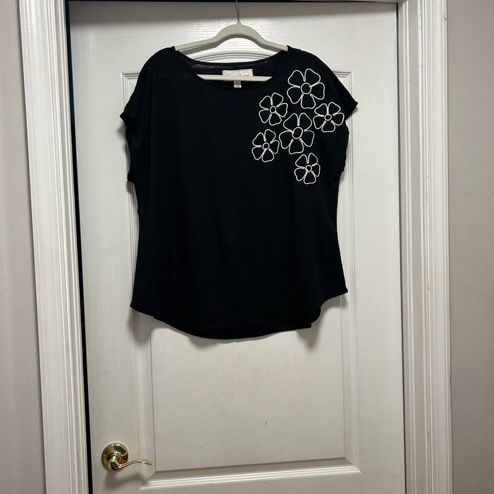 French Laundry Black Top with White Floral Accents NWOT